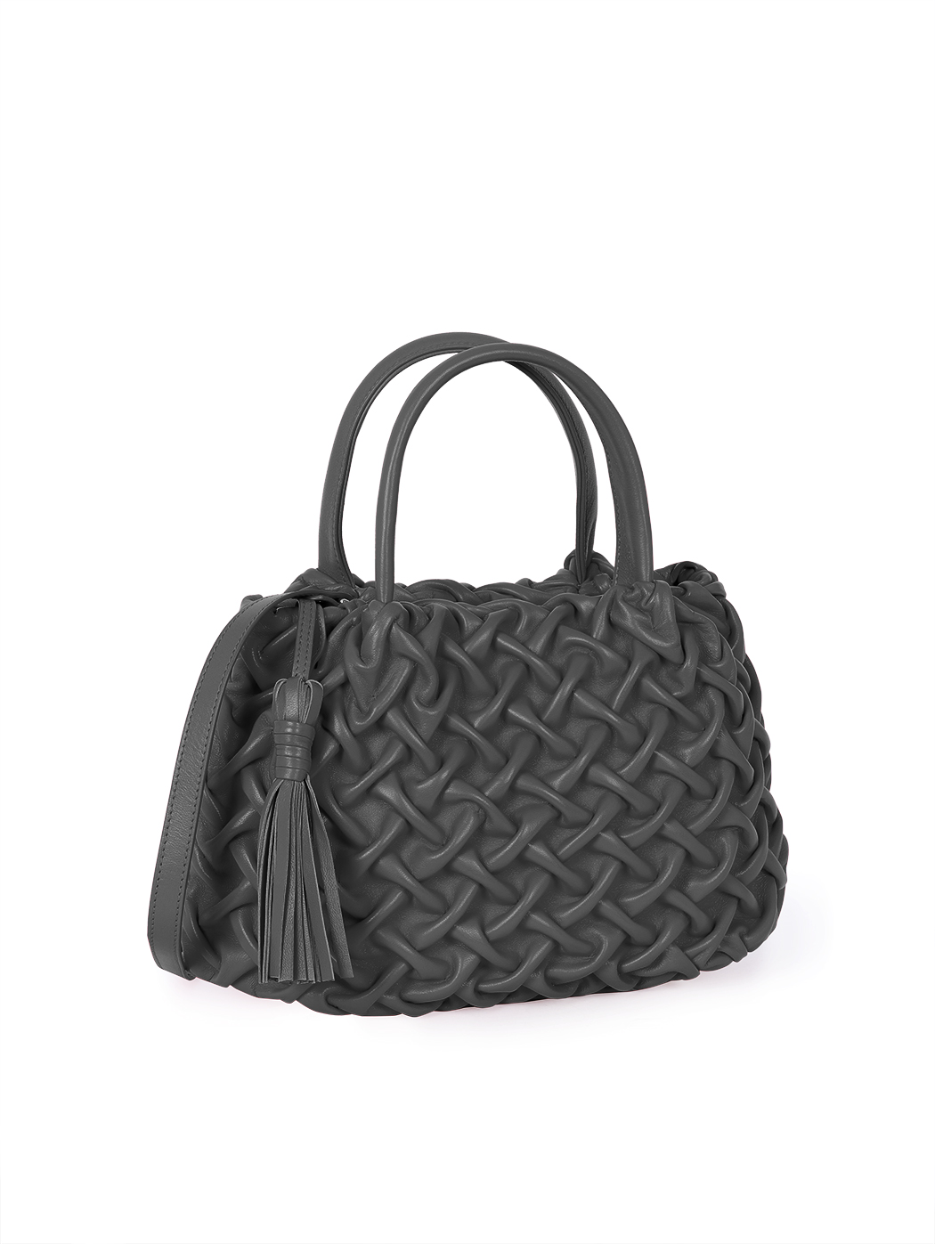Top Handle Small Smocked Stitch Leather Bag Black