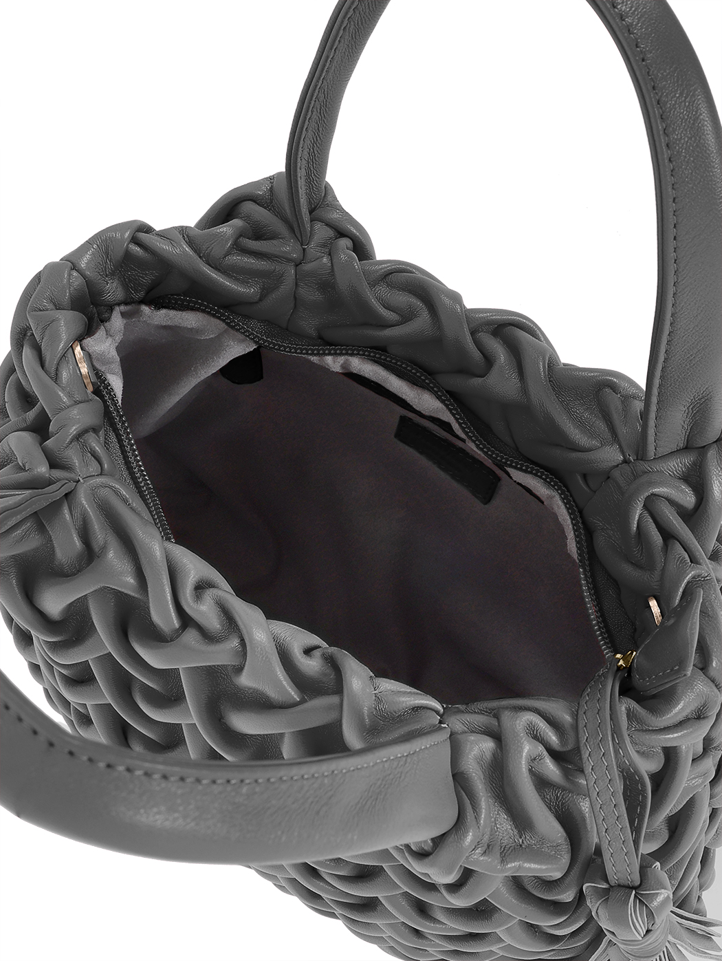 Top Handle Small Smocked Stitch Leather Bag Black