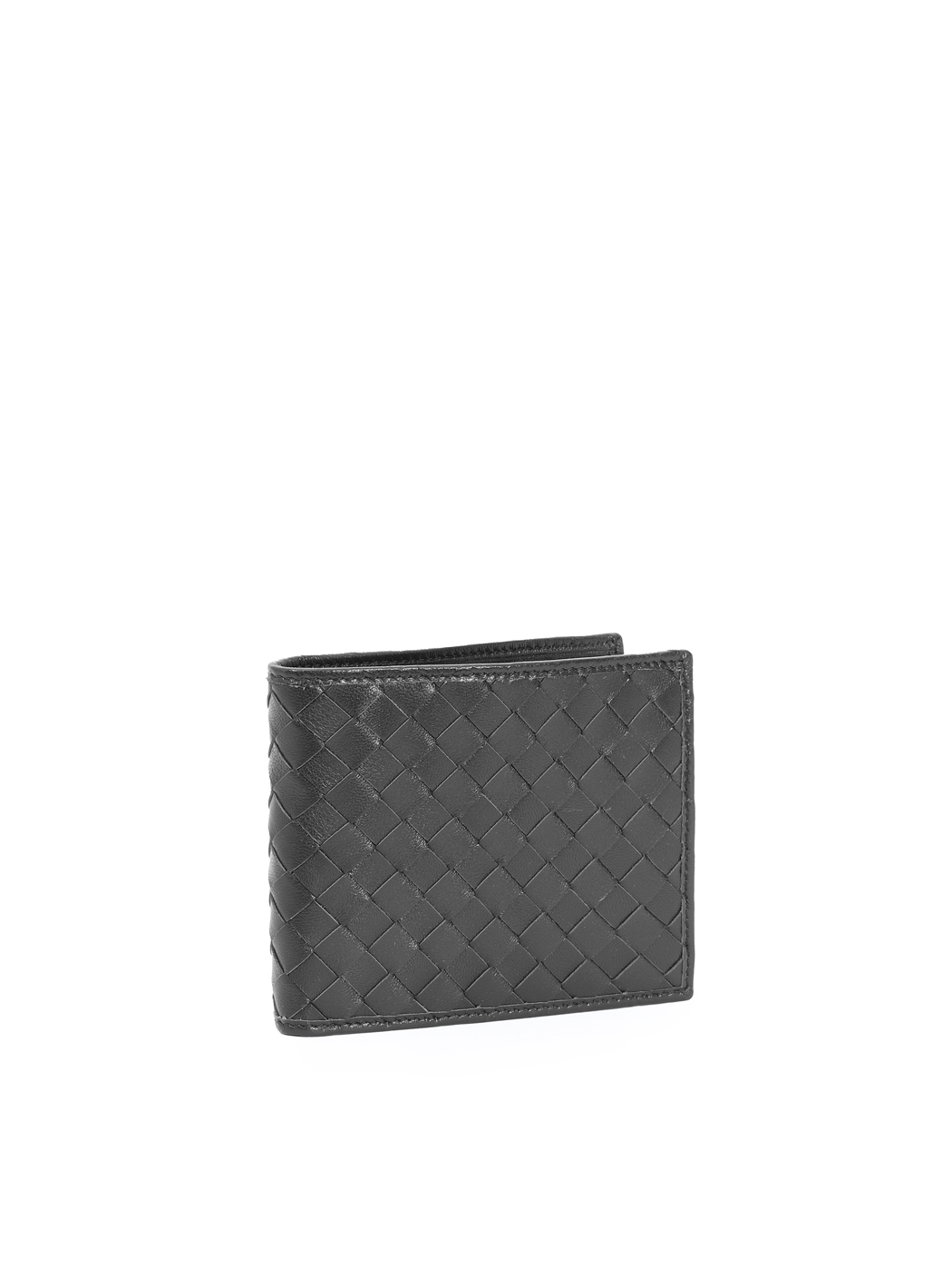 Bifold Coin Intrecciato Weave Leather Wallet Black