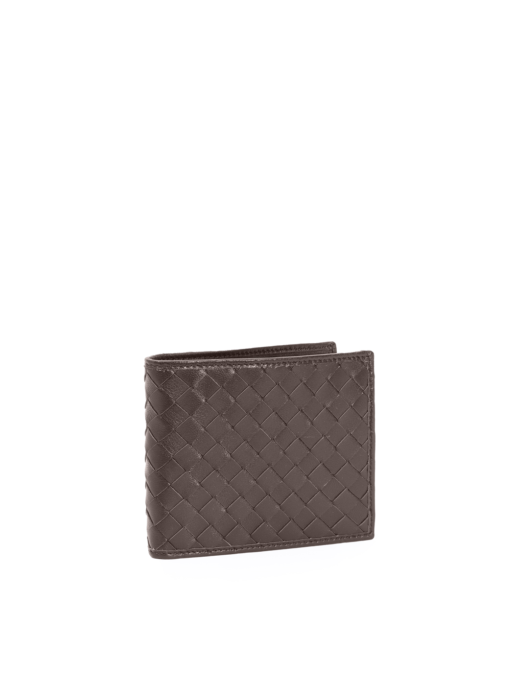 Bifold Coin Intrecciato Weave Leather Wallet Brown