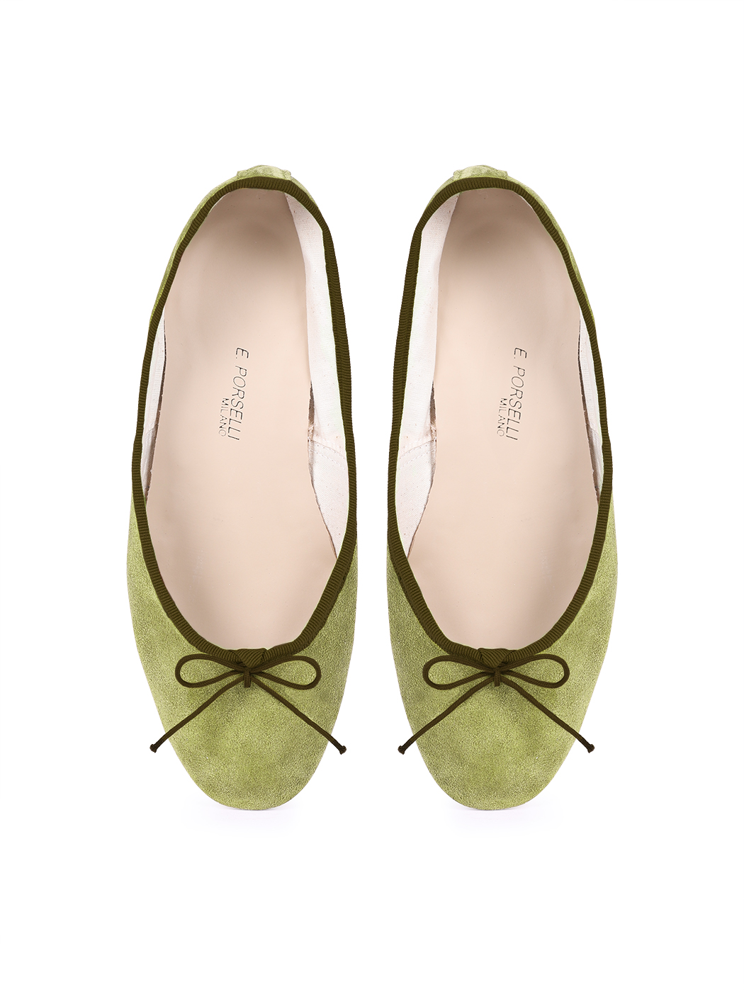 Ballet Flats Olive Green Suede Dark Brown Trim